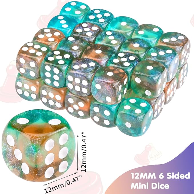36 Pieces 12mm 6 Sided Mini Dice Set,Two Colours Glitter D6 Game Dice Set,6 Sided Standard Game Dice for Board Games Dice Games Classroom Teaching Dices Game,with Portable Gaming Box(Orange & Green)