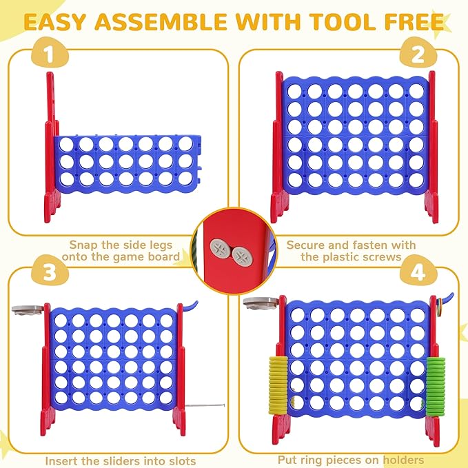 Giant 4-in-A-Row Connect Game Outdoor, Jumbo 4-to-Score Yard Games for Kids and Adults with Basketball Hoop Outdoor Party Family Holiday Games with 42 Rings & Quick-Release Slider