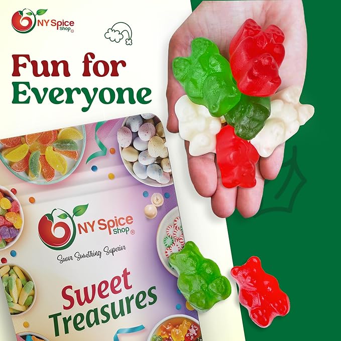 NY Spice Shop Christmas Gummy Bears Candy - 1 Pound Delightful Chewy Green, Red and White Fruit Flavored Holiday Candies Bulk - Gummies Fruit Snacks for Candy Buffet, Party and More