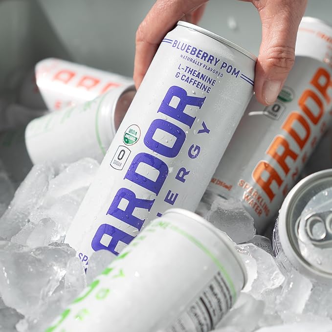 ARDOR ENERGY Sparkling Water with 100mg Natural Caffeine & 200mg L-Theanine from Organic Green Tea for Smooth Energy & Focus | Healthy Energy Drink | No Sugar, Zero Calories, Vegan, Gluten-Free | Blueberry Pom (Pack of 12, 12oz cans)