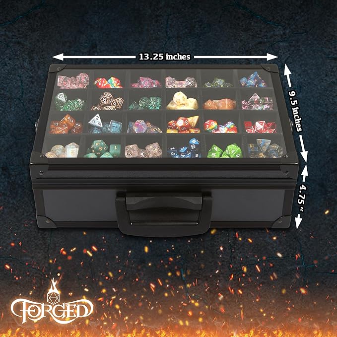 Forged Dice Co. Dice Display Case and Rolling Tray with 3 Removable Divided Dice Trays - Storage Box Holds up to 720 Metal or Plastic Polyhedral Dice Sets - Great for Dice Collectors or RPG D&D Games