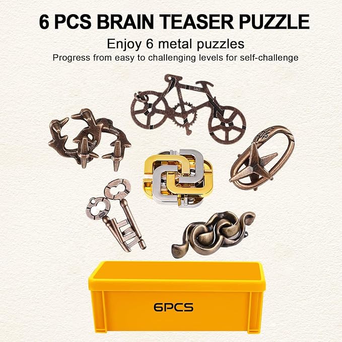 6 PCS Brain Teaser Puzzles for Adults Logic Metal Puzzle for Adult Kid Toy Lock Puzzles Gift for Adults Teenagers Kids