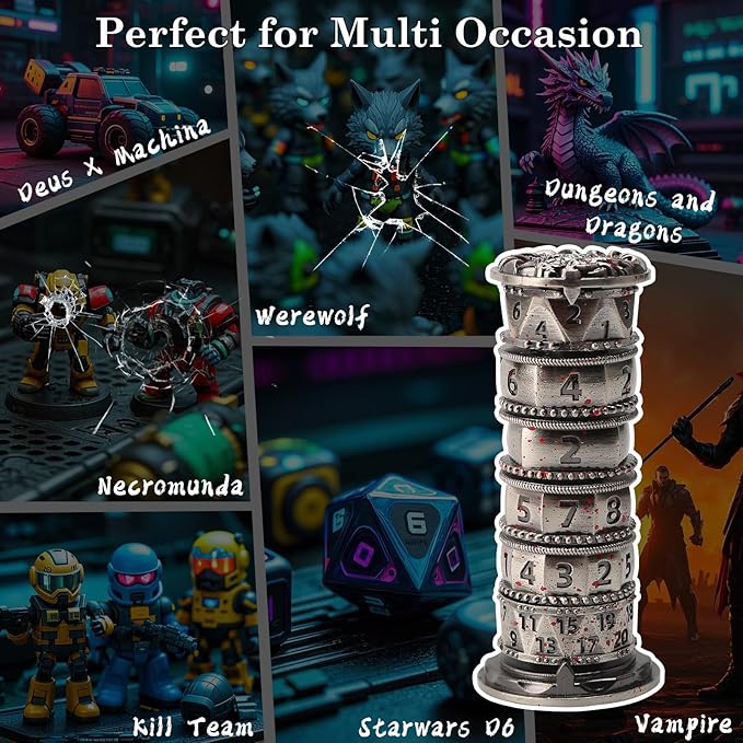 Pagoda Dice Spinner, 7 in 1 Metal Unique Roulette Dice for Sci-Fi, War, Crime Theme Tabletop Games