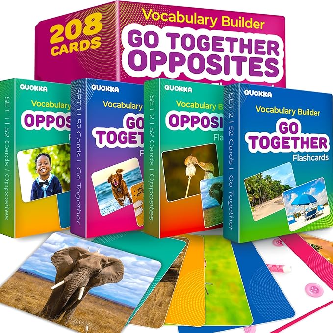 QUOKKA 208 Vocabulary Flash Cards Set - Go Together and Opposites Matching Card Game with Realistic Images for Pre-K and Kindergarten - Perfect for Teachers, Parents, and Speech Development Activities