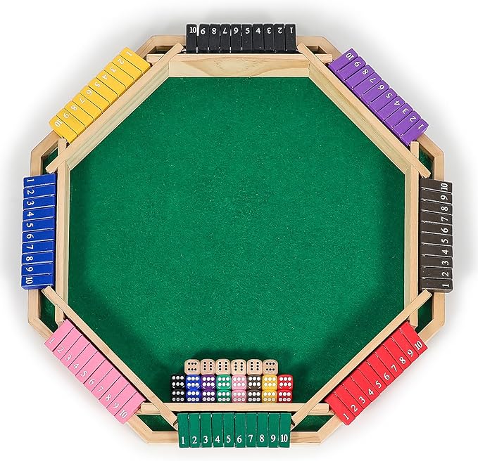Vamslove Upgraded 2-8 Players Shut The Box Dice Game-Colorful 8-Way Wooden Board Table Math Game with 16 +6 Dices - Close The Box for Kids, Adults Families Party Club (Instruction Included)