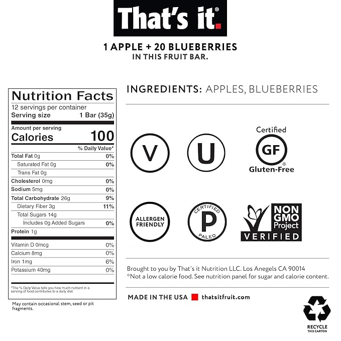 That's it. Apple + Blueberry 100% Natural Real Fruit Bar, Best High Fiber Vegan, Gluten Free Healthy Snack, Paleo for Children & Adults, Non GMO No Sugar Added, No Preservatives Energy Food (12 Pack)