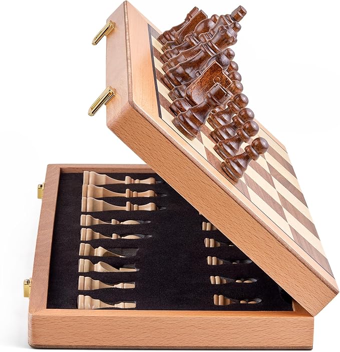 AMEROUS Magnetic Wooden Chess Set, 15 Inches Handmade Wooden Folding Travel Chess Board Game Sets with Chessmen Storage Slots for Kids and Adults, 2 Bonus Extra Queens, Gift Box Packed