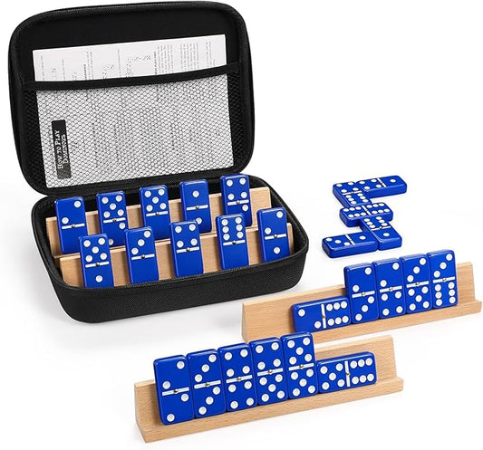 Dominoes Set for Adults with 4 Wooden Racks/Trays, Double Six Travel Portable Case 6 Tiles Holders, 28 Dominos Family Board Games - Blue
