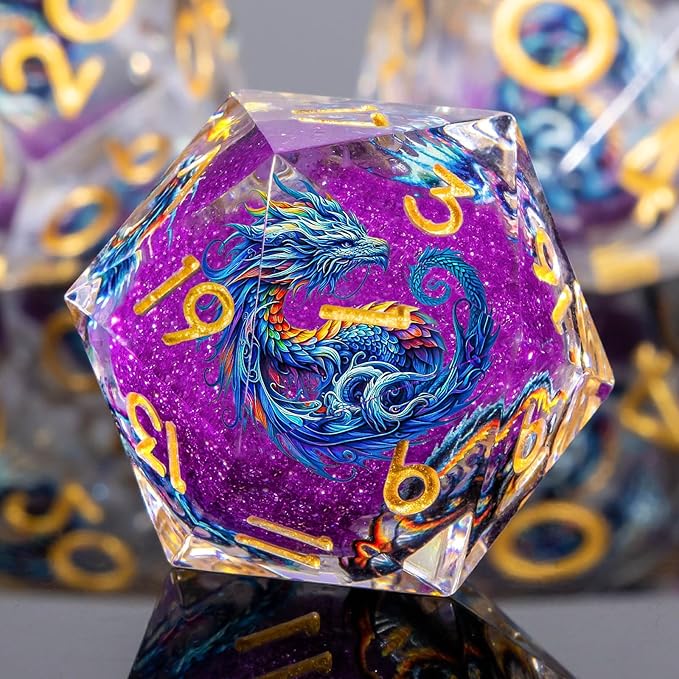 Dragon Pattern Liquid Core DND Dice Set, 7Pcs Sharp Edge Dice with Gift Box, Purple Resin Dungeons Dragons D and D Role Playing Dice D20 D12 D10 D8 D6 D4
