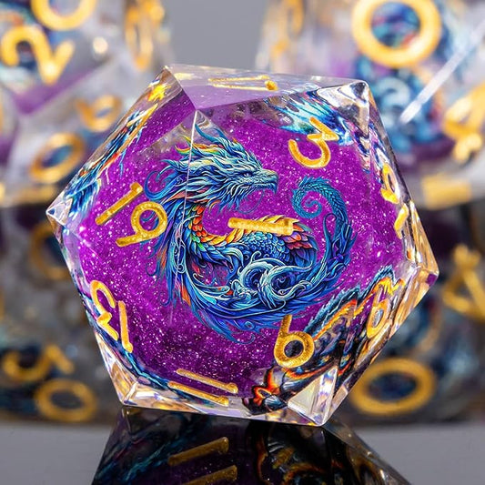 Dragon Pattern Liquid Core DND Dice Set, 7Pcs Sharp Edge Dice with Gift Box, Purple Resin Dungeons Dragons D and D Role Playing Dice D20 D12 D10 D8 D6 D4