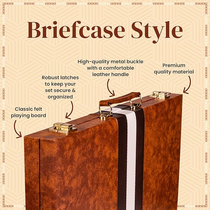 Backgammon Set 15 inch, Medium - Classic Board Game for Adults and Kids with Premium Leather Case - Includes Strategy & Tip Guide (Brown)