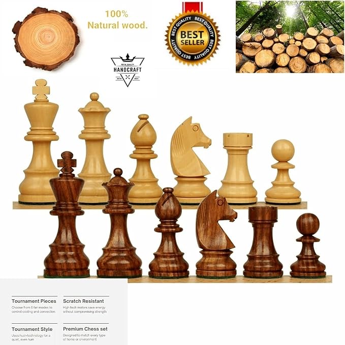 Hastha Kalalu | Tournament Series Staunton Style Chess Pieces Only Chess Set, German Knight Luxury Wooden Chess Set, Hand Carved Weighted Chess Pieces (Rosewood: Boxwood, 3 Inches)