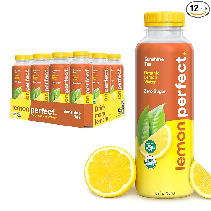 Lemon Perfect Sunshine Tea, Half Flavored Lemon Water (Original Lemon) & Half Iced Tea, Organic, Zero Sugar, Healthy Hydration Drinks, 15.2 fl oz Bottles (12-Pack)