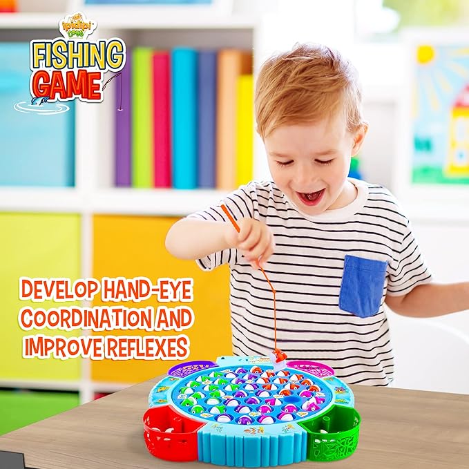 IPIDIPI TOYS Fishing Game for Kids - Magnetic Fishing Set for Toddlers - Rotating Fish Board with Music, Educational, Fine Motor Skill Activity for Boys and Girls - 45 Fish, 8 Poles