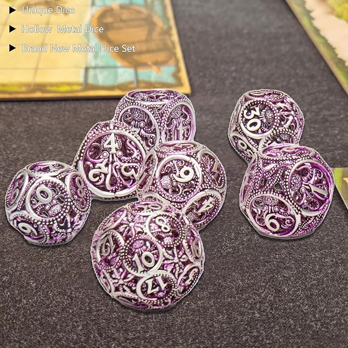 DND Dice,Hollow D&D Metal Dice,Unique Round Ball Design Octopus Dice with Gift Box for Dungeons & Dragon Gaming,7 PCs Steampunk Polyhedral D and D Dic(Octopus Purple)