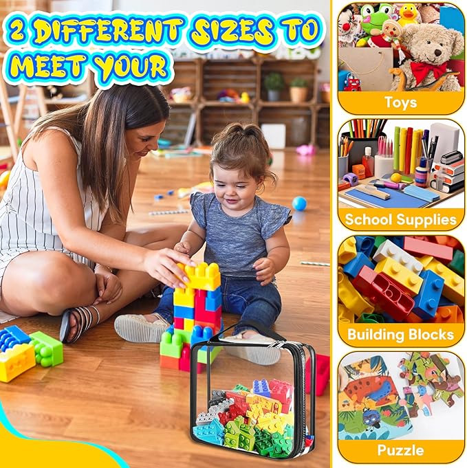 AOBOPLE 6 Packs Toy Storage Bags with Zipper,2 Size Clear Toy Organizer Bags,Waterproof Lego Organizers and Storage,Toy Bags for Board Games,Building Blocks,Puzzles,Kids Books