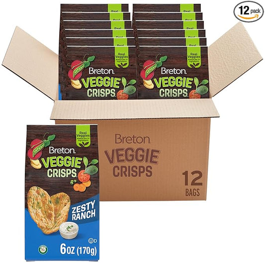 Breton Veggie Crisps Zesty Ranch (Pack of 12) - Popped not Fried Crisps, Made with Real Vegetables, Light and Crispy Gluten Free Chips, Snacks for School, Lunch Box and More, 12x6oz