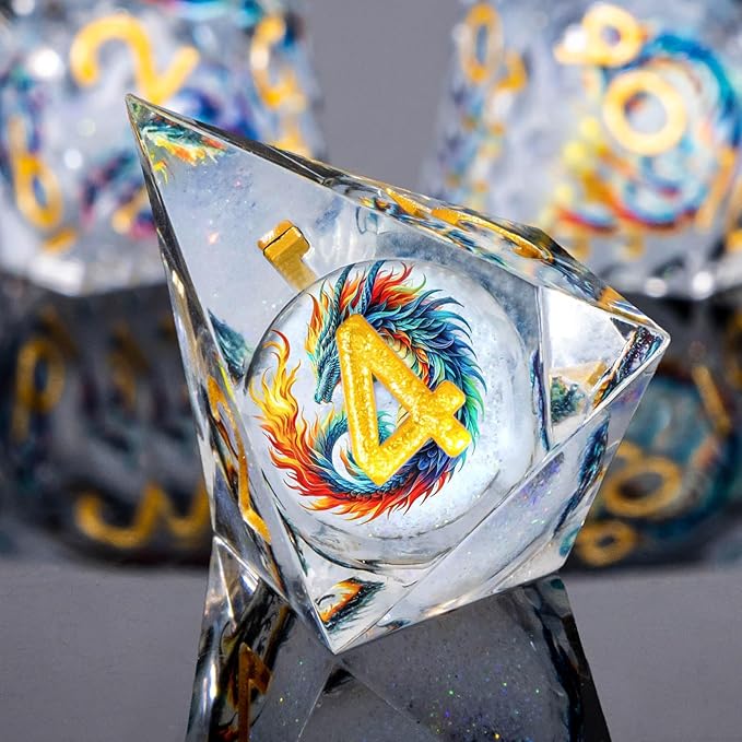 Dragon Pattern Liquid Core DND Dice Set, 7Pcs Sharp Edge D&D Dice with Gift Box, Resin White Dungeons Dragons D and D Role Playing Dice D20 D12 D10 D8 D6 D4