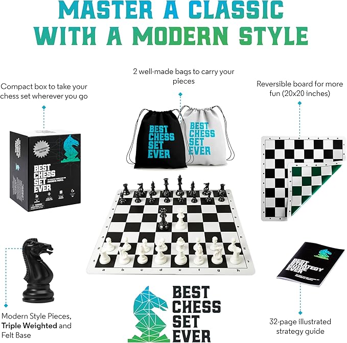 Best Chess Set Ever 3X Triple Weighted Tournament Size Chess Game (4" King) Large Staunton Modern Pieces, 20x20 Big Double-Sided, Roll Up Silicone Mat, Professional Chess Board Set for Adults & Kids