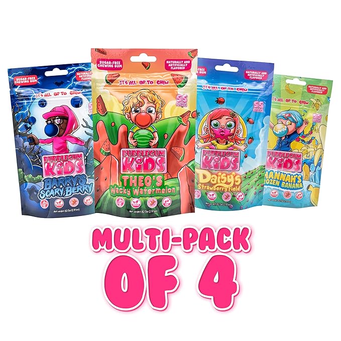 Bubblegum Kids Sugar Free Gum - For Kids and Adults - Vegan Friendly - Retro, Parent Approved Bubble Gum with Burst of Sweet Flavor - Variety Pack (4 Pack of Fruit Flavors)