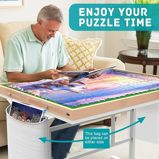Jigsaw Puzzle Table 1500pcs,Puzzle Table with Legs and Storage Pocket,5 Adjustable Up Level Puzzle Tables for Adults with Drawers and Wheels,Wooden and Green Color