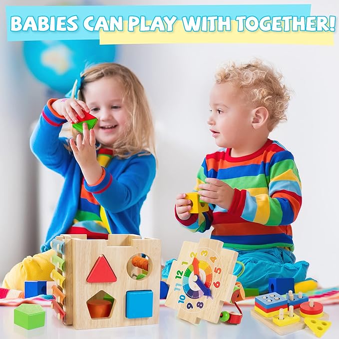 Bravmate Wooden Activity Cube, 8-in-1 Wooden Montessori Learning Toys for 18 M+ Toddlers, One Year Old First Birthday Gift, Baby Toy Set with Bonus Sorting & Stacking Board