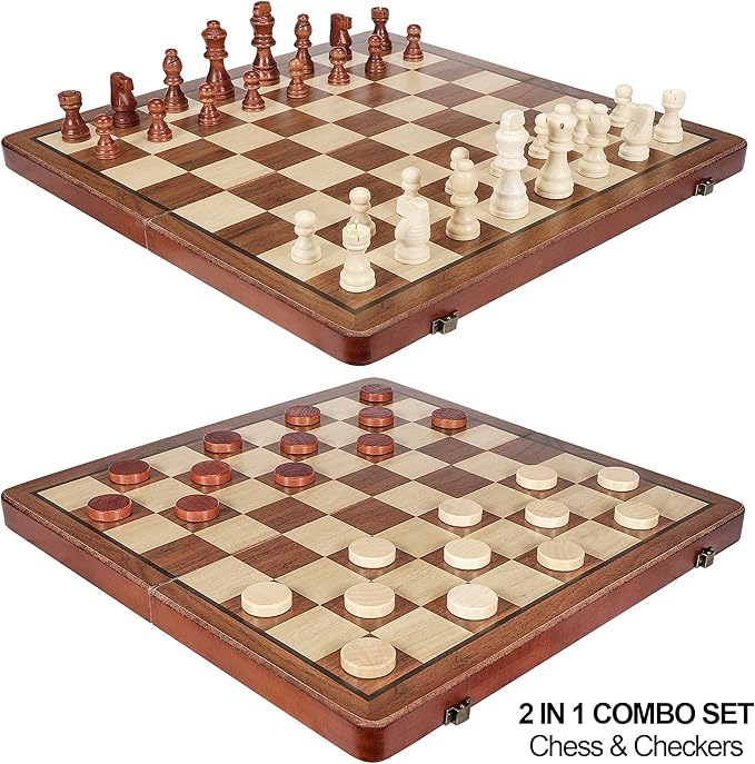 Magnetic Wooden Chess & Checkers Board Game - 15" Folding Chess Board(2 in 1)- Handcrafted Chesspiece (includes 2 Extra Queens) and Storage Slots- Portable Travel Board Games for Adults Kids, 6 up Age