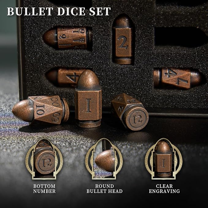 Bullet Brass Dice for Dungeons and Dragons - Solid Metal Polyhedral D&D Dice Set for MTG, RPG, Tabletop Games, Warhammer 40K, Shadowrun