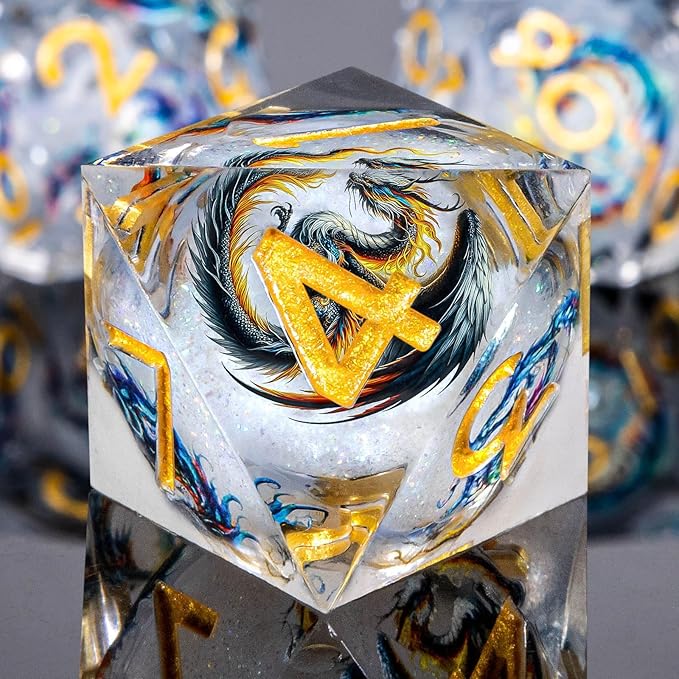 Dragon Pattern Liquid Core DND Dice Set, 7Pcs Sharp Edge D&D Dice with Gift Box, Resin White Dungeons Dragons D and D Role Playing Dice D20 D12 D10 D8 D6 D4