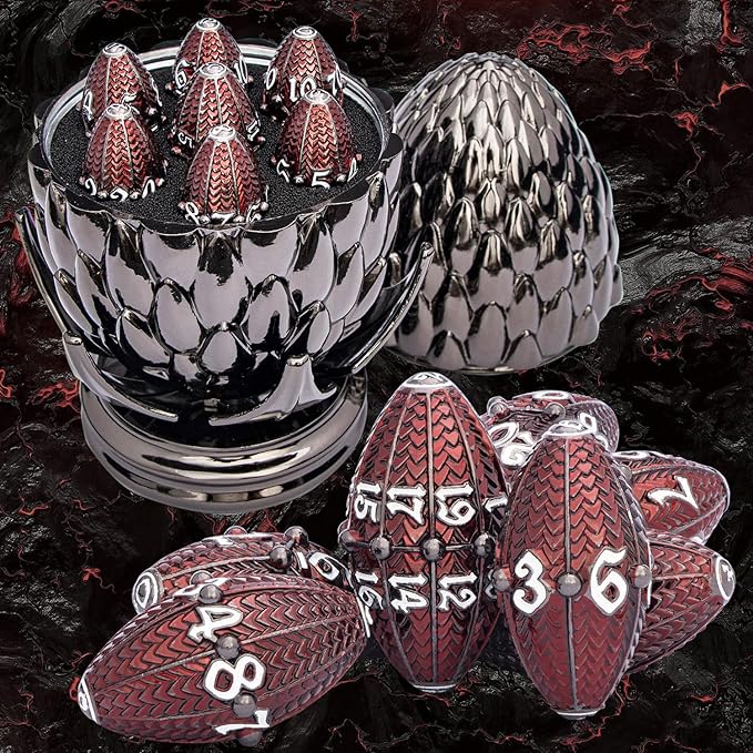 ARUOHHA DND Metal Dice Black Red Dragon Egg Dice with Rotating Dragon Egg Shell, Role Playing Game RPG Polyhedral D and D Dice Set D20 D12 D10 D8 D6 D4