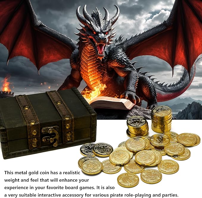 Metal Pirate Coins, 50 Pieces Lots of Toys Gold Coins for Board,for DND Props Accessories, Treasures and Treasure chests Fantasy Dragon Coinsfor RPG Tablelap(Gold 50 Pieces)