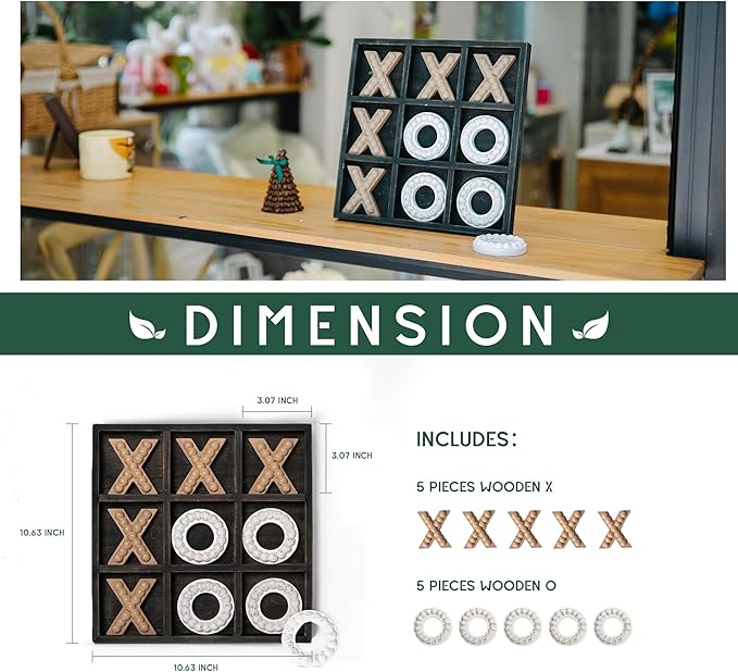 GENMOUS Wooden Tic Tac Toe Game Board for Seniors Family Indoor Game, 10.6 Inch Black Rustic Giant Tic Tac Toe Coffee Table Decor, Tic Tac Toe Board Game Fun for Family Travel Outdoor Game Room Decor