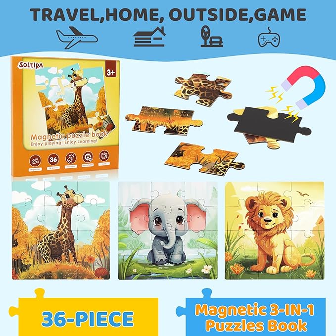 Puzzles for Kids Ages 3-5 36 Pieces Kids Puzzle 4-6 Travel Puzzles Ages 4-8 Animal Airplane Car Road Trip Activities Games Toys Girls and Boys Gift