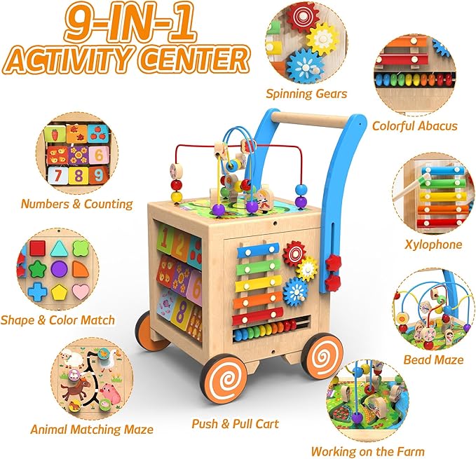 9-in-1 Wooden Activity Cube | Wooden Baby Walker, Sit-to-Stand Learning Walker Activity Center, Early Educational Push & Pull Toys for Baby Toddler Boys Girls, Height & Brake Adjustable