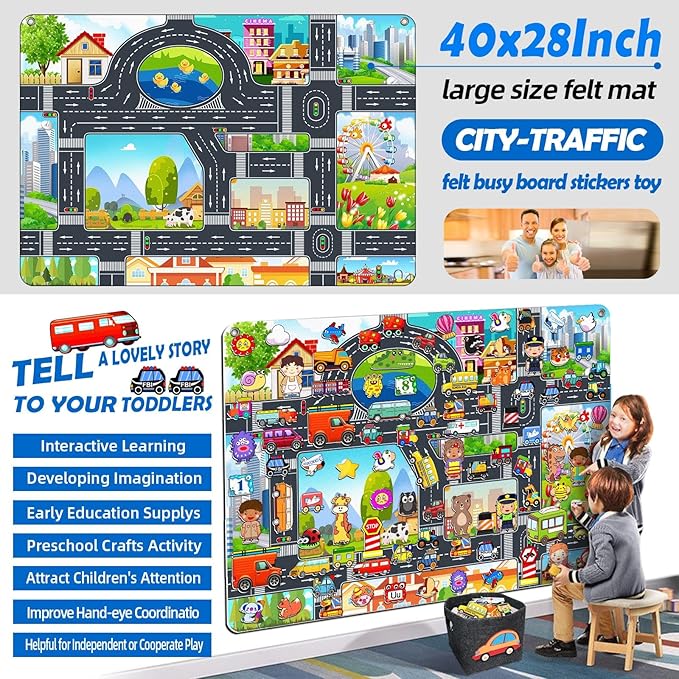 200 PCS Felt Board Story Set for Toddlers with Storage Bag City Car Traffic Themed 40 X 28 inch Teaching Wall Flannel Board Kit for Preschool Activity Early Learning Interactive Storytelling(Darkgrey)