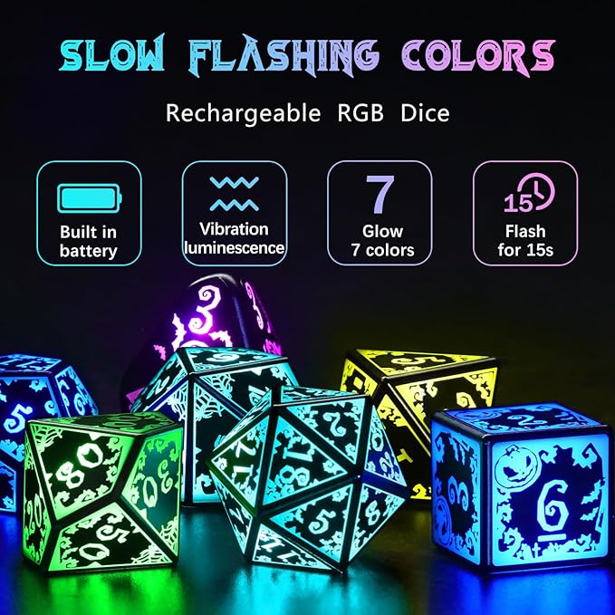 Light Up DND Dice Set Rechargeable with Charging Case for Dungeons and Dragons LED Dice Set D and D 7 Color Polyhedral Role Playing RPG Dice for Tabletop DND Gifts (Pumpkin RGB)