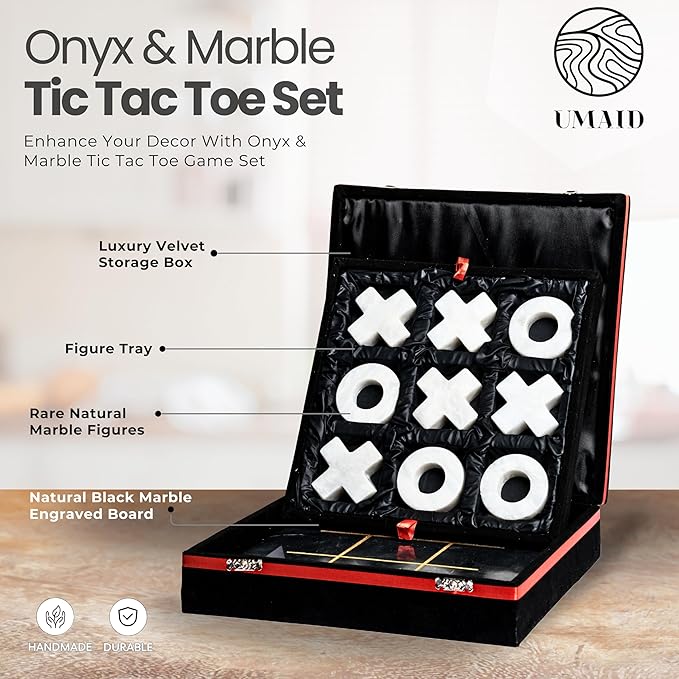 UMAID Marble Tic Tac Toe Game, Luxury Touch for Dad This Fathers Day, Handcrafted Marble Board with Velvet Gift Box, Solid Marble Unique Home Decor for Coffee Table, Desk, Office, Living Room