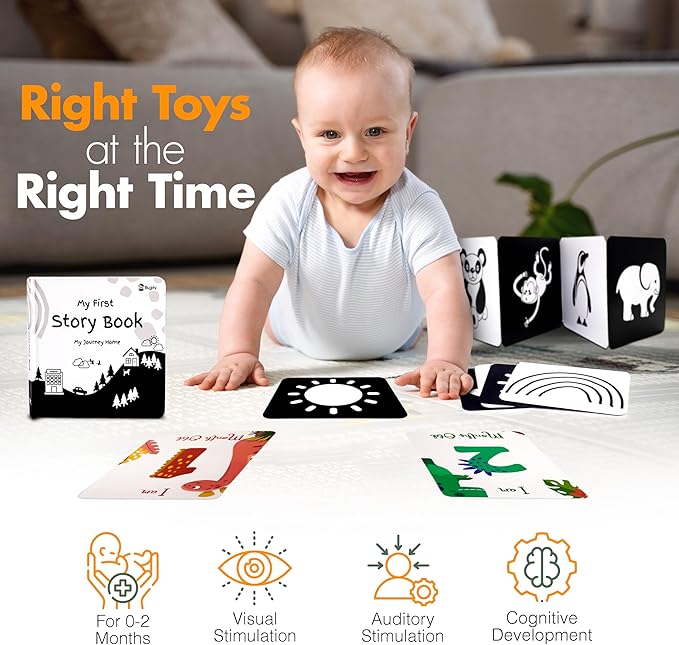 Newborn Montessori Toy Set 0-2 Month Infant Toys Black and White Book, Stroller Rattle, Organic Swaddle, High Contrast Flash Cards Elephant Animal Tummy Time
