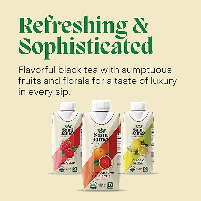 Saint James Iced Tea - Organic Black Tea - Non GMO, Gluten Free, Zero Calorie & Zero Sugar - Variety Black Tea Flavors, 12 Pack (16.9 fl oz each)
