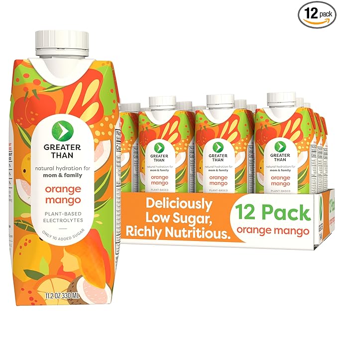 Greater Than Nutrient Hydration Beverage, Electrolyte Drink for Gut Health & Energy with Coconut Water, Vitamins, Gluten Free, Plant Based, Low Sugar, Orange Mango, 12 Pack