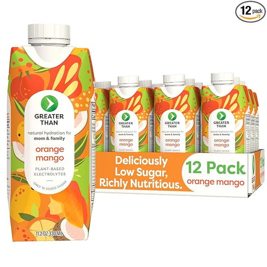 Greater Than Nutrient Hydration Beverage, Electrolyte Drink for Gut Health & Energy with Coconut Water, Vitamins, Gluten Free, Plant Based, Low Sugar, Orange Mango, 12 Pack