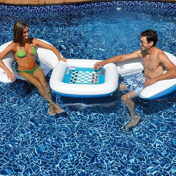 SWIMLINE ORIGINAL Inflatable Game Table Station With Waterproof Playing Cards & Two Inflatable Sling Chairs W/ CupHolders | Double Sided Game Set | Poker & Card Games | Chess & Checkers