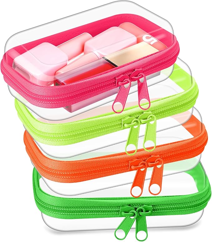 Hoolerry 4 Pcs Hard Clear Zipper Case Transparent Cases for Snacks Makeup Bag Plastic Storage Box Containers for Building Blocks, Puzzles, Cosmetics(Fluorescent,5 x 3 x 2 in)