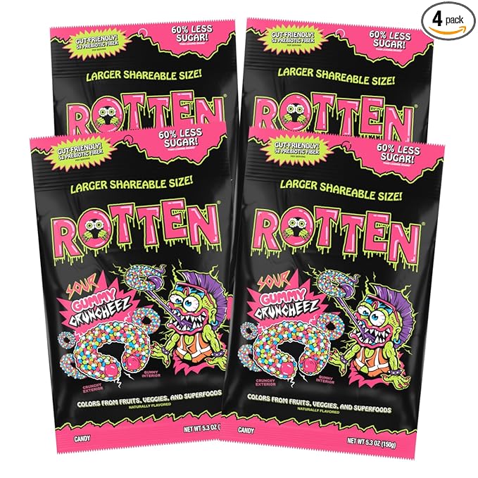 Rotten Sour Gummy Cruncheez - Low Sugar, Low Calorie, 5g Gut-Friendly Prebiotic Fiber, Gluten Free Candy, No Artificial Dyes - 5.3 oz Share Pack [4 Pack]