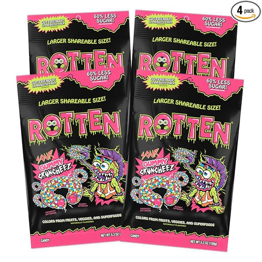 Rotten Sour Gummy Cruncheez - Low Sugar, Low Calorie, 5g Gut-Friendly Prebiotic Fiber, Gluten Free Candy, No Artificial Dyes - 5.3 oz Share Pack [4 Pack]