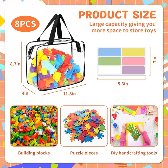8 Packs Large Toy Storage Bags with Zipper and Labels, Clear PVC Waterproof Toy Organizers Bags for Board Games, Puzzles Pieces, Building Blocks, Handmade Accessories, Kid Books