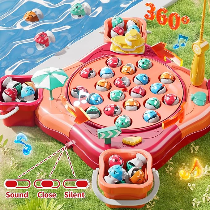 Magnet Fishing Game for Kids Toddlers Aged 3 4 5 6 7 8 - Fishing Toys with 48 Fishes Toys, 8 Poles, Rotating Board Game with On-Off Music, Educational Birthday Gifts for Boys Girls 1-3 (Pink)