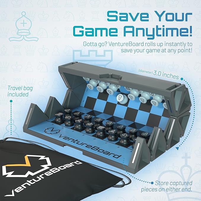 New VENTUREBOARD 6 Inches Magnetic Unique Chess Set Board Game - 2 Extra Queens - Folding Board, Portable Travel Chess Board Game Pieces - (Blue/Grey)