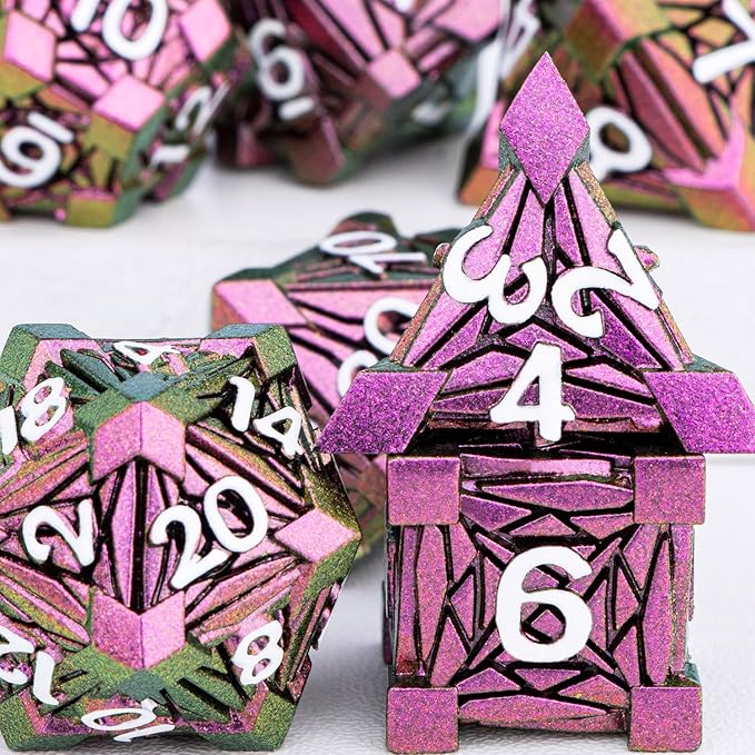 7PCS Metal DND Dice Set with Box, Debris RPG Red D and D Dice for D&D Tabletop Games Role Playing Game, Polyhedral Dice Set D20 D12 D10 D8 D6 D4