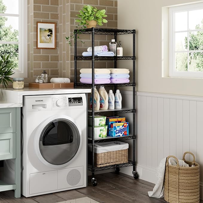 Small 6 Tier Shelves Storage Wire Shelving Unit Metal Shelf Adjustable Organizers Storage Shelving with Wheels for Bathroom Laundry Room Kitchen Pantry12”D x 18”W x 61.6”H Black